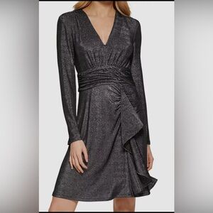 NWT DKNY Women’s Silver Sparkle Long Sleeve Faux Wrap Knit Dress – Size XL